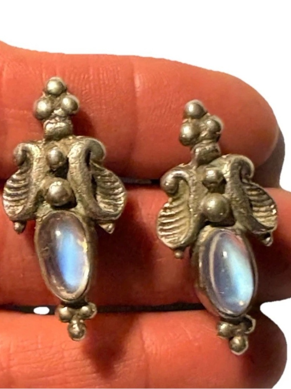 Vintage Sterling Silver Moonstone Screwback Earrings Mid Century Artisan